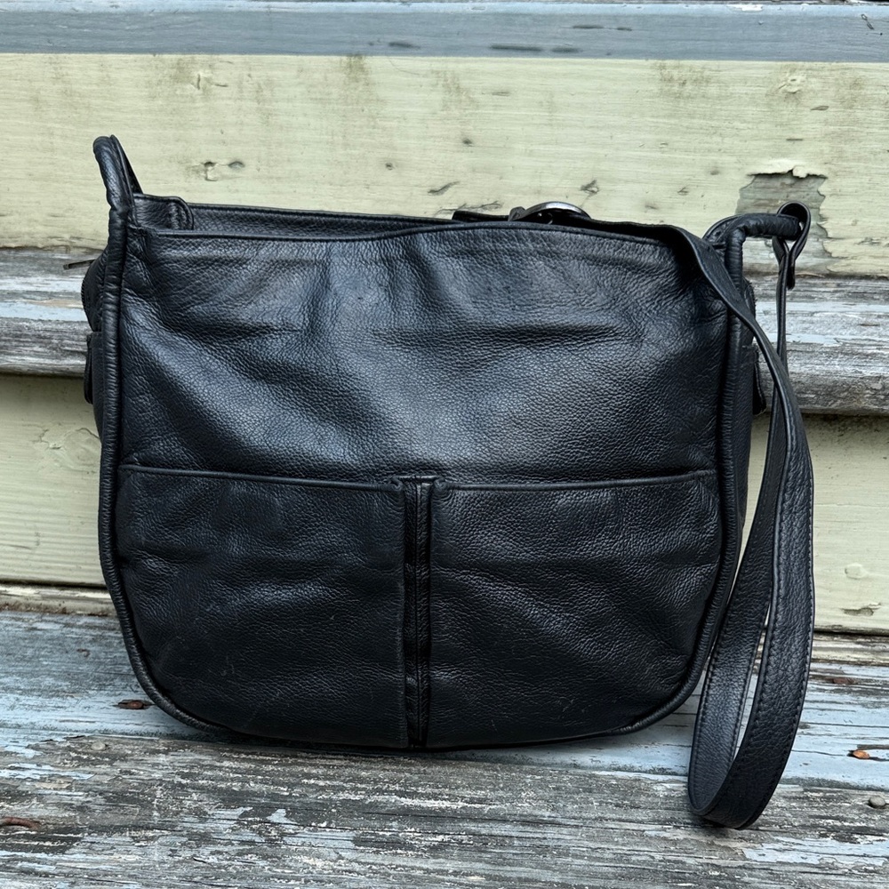 Stone Mountain Vintage Black Leather Shoulder Bag Hobo Large Boho Biker Purse